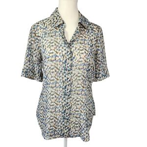 Renuar Women's Blouse Peacock Multicolor Blue Tan Short Sleeve Flowy Sheer S/M
